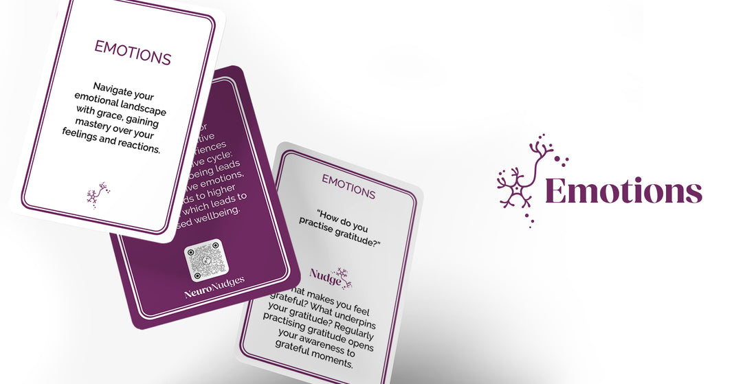 A neuro nudges coaching card with the question from the emotions category: "In a year from now how will your current worries be impacting you?" A nudge follows that describes the three Ps.